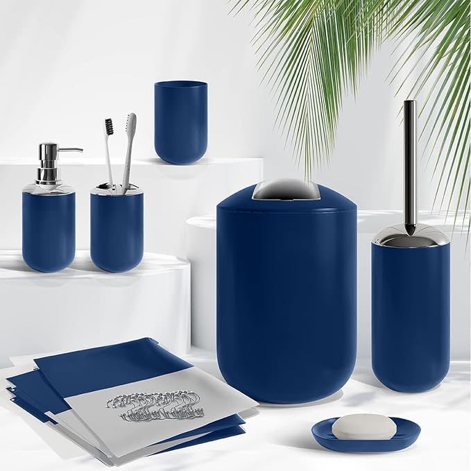 Clara Clark Bathroom Set - Navy Bathroom Accessories Set, 20PC Bathroom Accessory Set, Shower Curtain Set with Liner, Toothbrush Holder, Soap Dispenser, Soap Dish, Toilet Brush Holder, and Trash Can