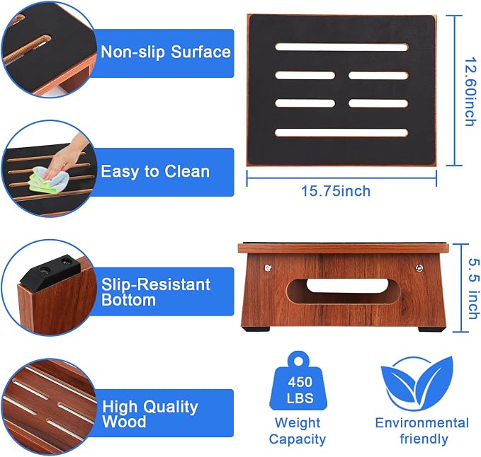 One Step Stool for Adults Seniors with Non-Slip Rubber Stepping Feet, Heavy Duty Wooden Step Stools for Bathroom, Bedroom, Kitchen & Bedside Support (Rustic Brown, 5.5 Inch-Noctilucent)
