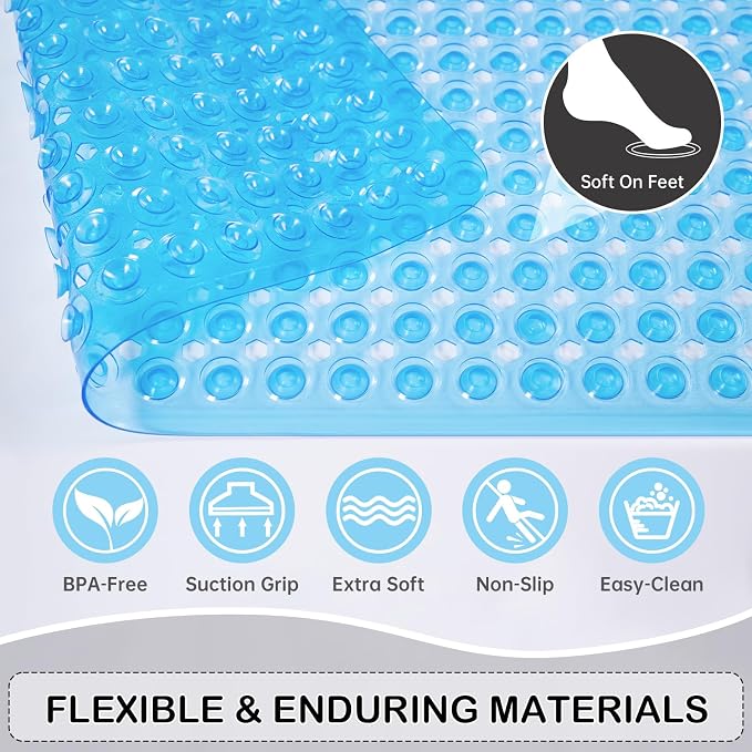 Non-Slip Bathtub and Shower Mats, Power Grip Bath Mat 35 x 16.3 Inch with Suction Cups and Drain Holes for Tub Bathroom Floor Safety, Machine Washable Soft Bathmat, Clear Blue
