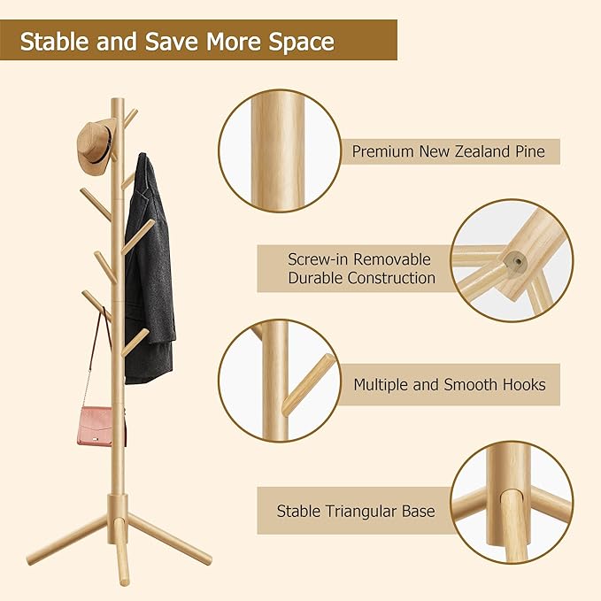 Coat Rack, Coat Racks Freestanding with 8 Hooks 3 Adjustable Heights for Clothes, Hats, Handbags, Coat Tree Easy Assembly for Entryway, Bedroom, Hallway, Office(Nature 2PCS)