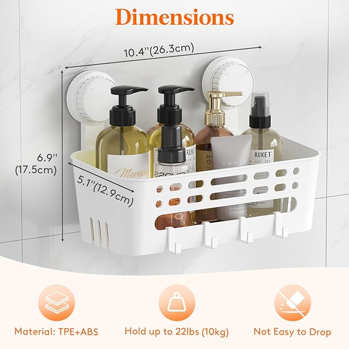 Lifewit Shower Caddy Suction Cup, NO-Drilling Bathroom Organizers and Storage Rack for Inside Shower, Plastic Removable Shower Shelves for Shampoo Strong Vacuum Suction, 26 cm/10 inch Long, 2 Pack