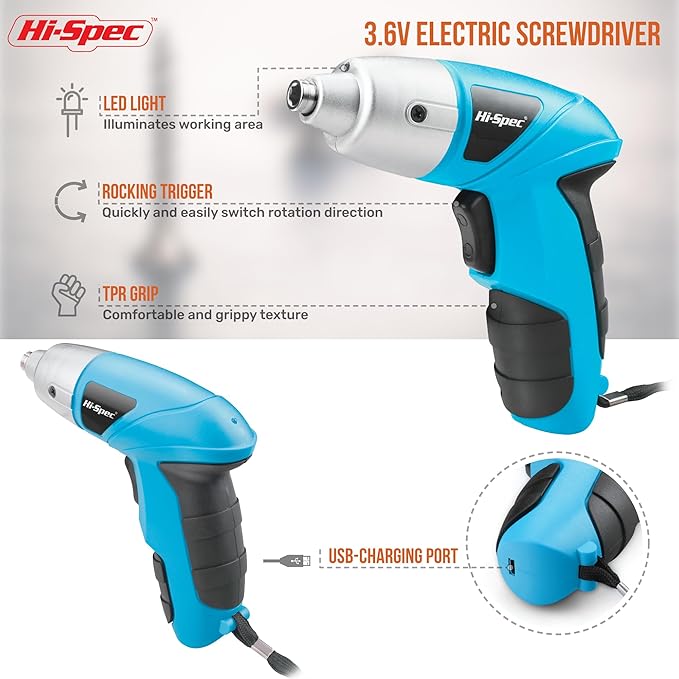 Hi-Spec Small Electric Screwdriver, Mini Drill Set, Rechargeable 3.6V Cordless Screwdriver with 26 Driver Bits, Power Tool for Small Projects & Home Use, Blue