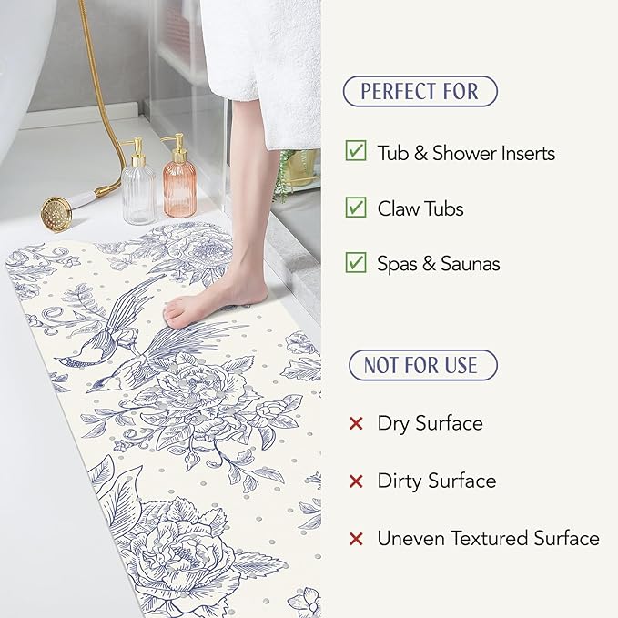 SHUCHING Vintage Blue Bath Mat for Tub Non Slip-40 X 16Inch, Flower and Bird Bathtub Mat Anti Slip for Women, Long Shower Mat for Bathroom Mold Free, Machine Washable