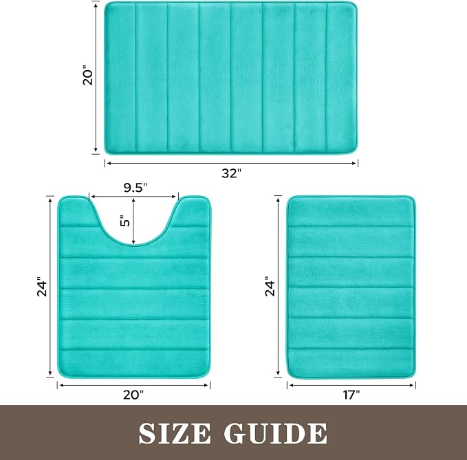 BYSURE Light Teal Memory Foam Bathroom Rug Set 3 Piece, Non Slip Extra Soft Absorbent Machine Washable Toilet Bath Toilet Mat (17"x24"+20"x32"+U Shape 20"x24")
