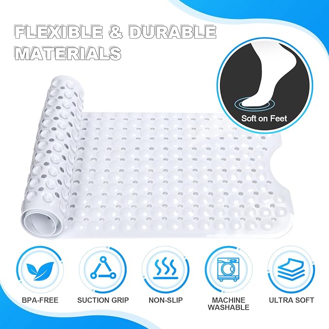 Bathtub and Shower Mats, 40x16 Inch Extra Large Non Slip Soft Bath Tub Mat with Suction Cups and Drain Holes for Bathroom Floor and Keep Tubs Clean, Machine Washable, White