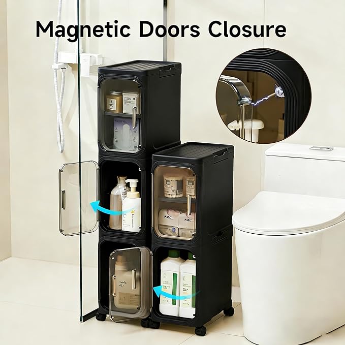 UFORU 2-Tier Tall Narrow Storage Cabinet- Plastic Slim Bathroom Storage Organizer with Magnetic Doors,Adjustable Shelves&Movable Wheels, Foldable Skinny Cabinet for Small Spaces,Kitchen, Black