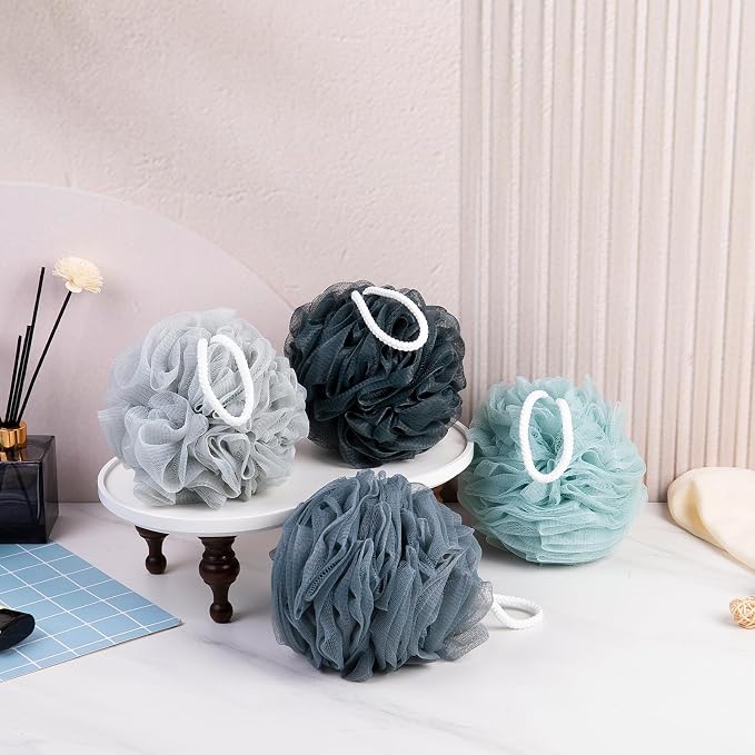 MTDLYICE Loofah Sponge XXL-100g 4 Pack, Bath Sponge Soft Mesh Shower Puff Loofah for Men, Exfoliating Body Scrubber for Women, Shower Accessories (Blue Gray)
