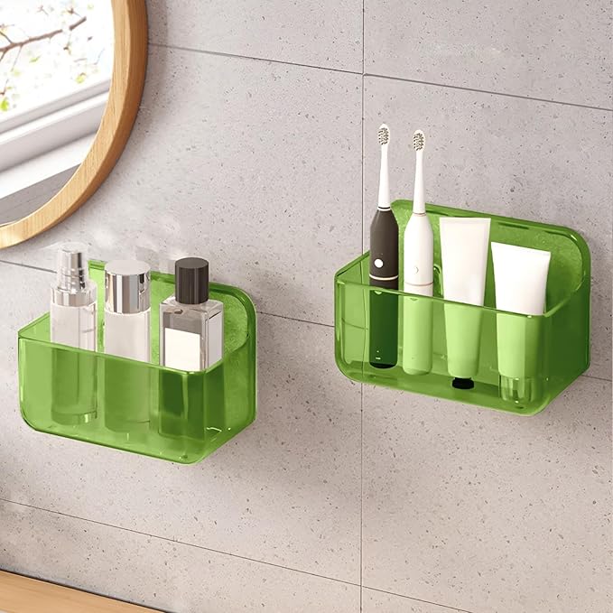 CGBE 2 Packs Cabinet Door Organizer, Acrylic Adhesive Shelf Wall Mounted Storage, Self Adhesive Shower Shelves Without Drilling, Automatic Draining Clear Shower Organizer for Bathroom (Green)