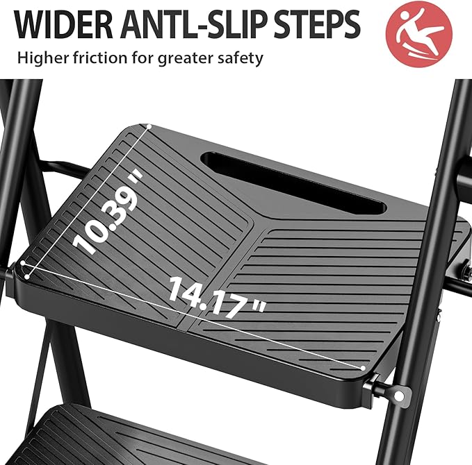 KINGRACK Folding 2 Step Ladder, Portable Ladder for Multi-Purpose, Home, Kitchen, Heavy Sturdy Steel Step Stool with Anti-Slip Wide Pedals, Handrail, Safe-Lock Design, Pass 500lbs Load Testing, Black