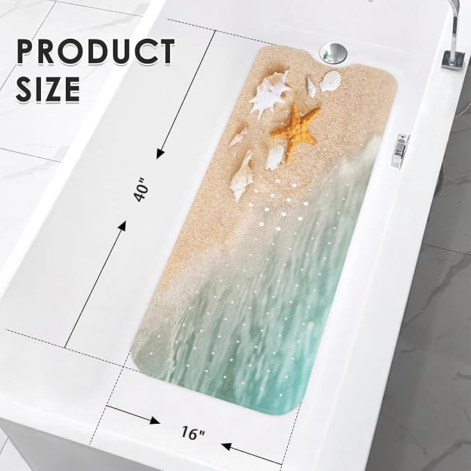 Starfish Summer Beach Bath Mat Non Slip, Sea Shell Ocean Fish 40 X 16 Inch Extra Long Bathtub Shower Mat for Tub Anti Slip with Suction Cups and Drain Holes for Kids Adults Elderly