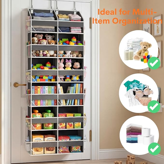 Over the Door Organizer 6 Tiers, Extra Large Behind Door Storage of 12 Compartments, 80 lbs Weight Capacity Hanging Storage Organizer with Clear Window Kids Toys, Shoes, Diapers, Room storage