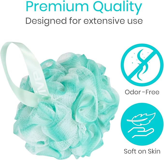 Vive Loofah Sponge Replacement (4 Pk) Shower & Bath Pouf Scrubber for Back & Body Exfoliation, Works with Vive Interchangeable Loofa Handle Long Brush (Replacement Sponge Black and Blue (4 Pack), 4)