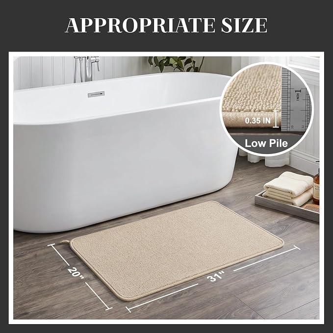 MontVoo Quick Dry Bath Mat, Super Absorbent Bathroom Rug, 3D Honeycomb Mesh Base Non Slip Bath Mats for Bathroom, Machine Washable Low Pile Bath Rug for Bathtub Front, Shower, Sink, Beige 20"x31"