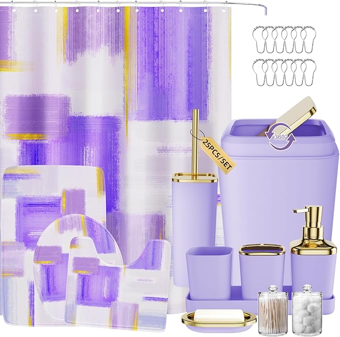 XLHOMO Bathroom Set - Purple and Gold Bathroom Accessories Set, Bathroom Sets with Shower Curtain and Rugs, Purple Shower Curtain Set with Bathroom Trash Can, Soap Dispenser, Soap Dish for Home Decor