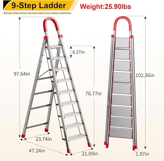 9 Step Ladder,Heavy Duty Step Stool with Non-Slip and Widen Pedals,Step Ladder with Safe Handrail,Space Saving for Home,Kitchen,Indoor & Outdoor