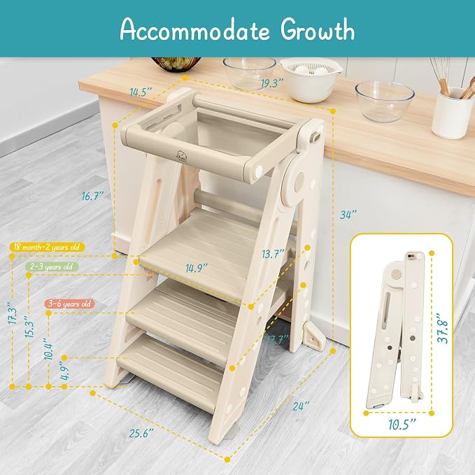 Forbena Collapsible Montessori Learning Standing Tower for Toddlers, Foldable Toddler Kitchen Stool Helper, Adjustable Plastic Kids Children Stepping Stool for Counter Bathroom Sink (Apricot)