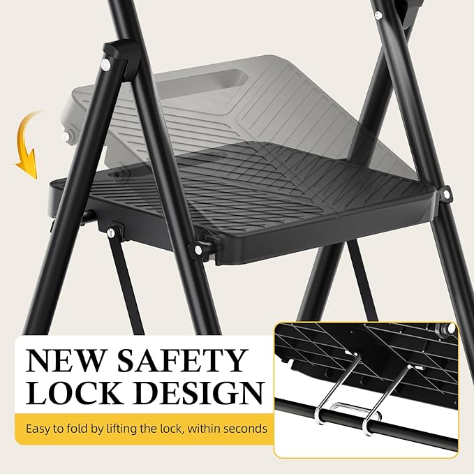 Urackify 2 Step Ladder, Folding Ladder for Multi-Purpose, Home, Kitchen, Heavy Sturdy Steel Portable Step Stool with Handrail, Safe-Lock Design, Anti-Slip Wide Pedals, Pass 500lbs Load Testing, Black