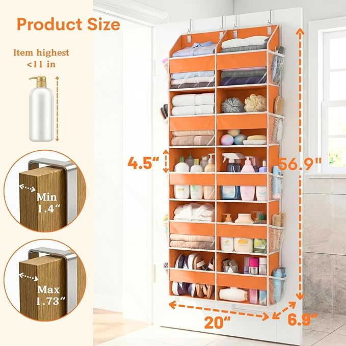 Over The Door Organizer 5 Tiers, Extra Large Behind Door Storage of 10 Compartments, 80 lbs Weight Capacity Hanging Storage Organizer with Clear Window Kids Toys,Shoes,Diapers,Room Storage,Orange