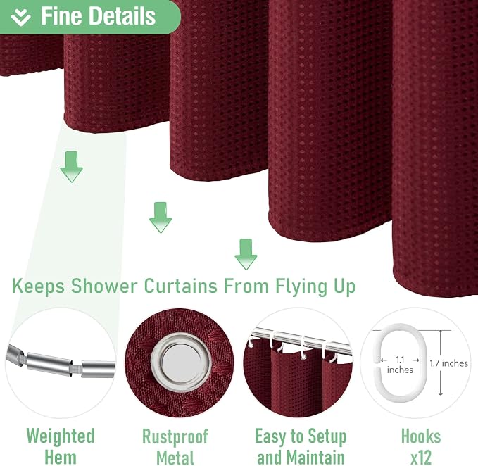 Dynamene Extra Long Shower Curtain - 84 Inch Long Burgundy Waffle Weave Heavy Duty Fabric Bathroom Shower Curtain, Neutral Weighted Hotel Thick Bath Curtain Set with 12 Plastic Hooks,72x84, Burgundy