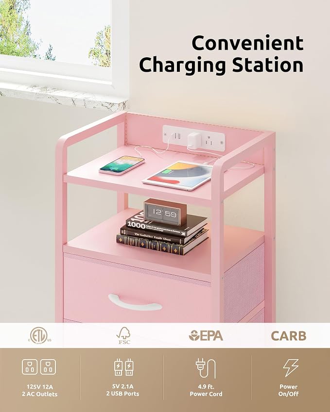 Lazzanto Night Stand Bedside Charger Bedroom - Nightstand with Charging Station & LED Light Strip, Night Stand with Storage Shelf & 4 Fabric Drawers, Morden End Table with USB Ports&AC Outlets,Pink