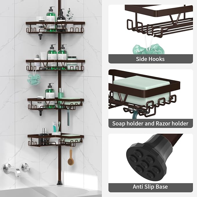 DAOYA Corner Shower Caddy Tension Pole - Adjustable 4-Tier Shower Shelf Stainless Steel Corner Tension Rod Bathroom Organizer Shampoo Holder with Soap Holders & Hooks for Bath, Tub, Floor Space Saving