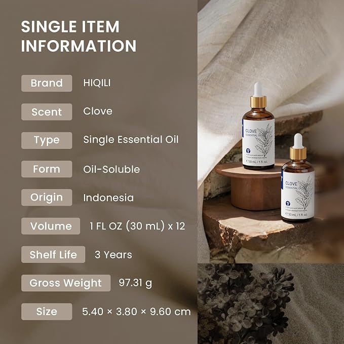 HIQILI Clove Essential Oil Set – 1 fl oz (12 Pack), 100% Pure Natural with Stable Quality, Bulk Pack for Business, Ideal for Oral Care & Aromatherapy, Hotel, DIY Studio, Holiday Gifts & Home Use