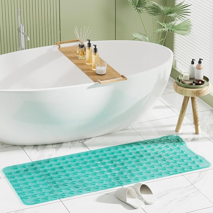 AmazerBath Shower Mat Non Slip 40 x 16 Inches, Shower Stall Mats with Suction Cups and Drain Holes, Non Slip Bath Mat for Tub for Elderly & Kids, Clear Green