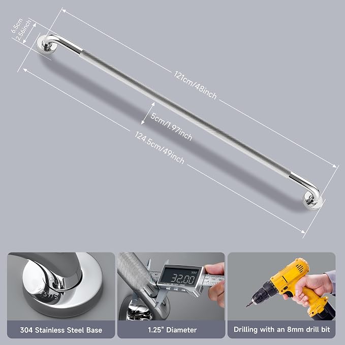 48 Inch Shower Grab Bar 1.25" Dia, 2 Pack Chrome Anti Slip Bathroom Grab Bar, 304 Stainless Steel Knurled Handicap Grab Bars, Safety Support Handrail,Bath Shower Handle for Elderly Injury Senior