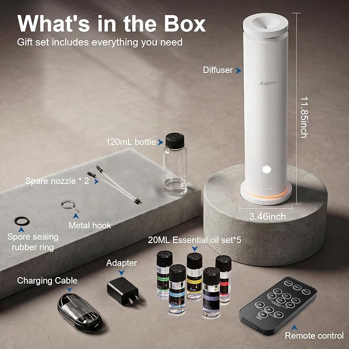 Waterless Scent Diffuser Starter Kit with 5 Essential Oils, Luxury Hotel-Class 1500 Sq Ft Cover Aromatherapy Diffuser Oil Machine with 4 Timers & 6 Mist Levels, 4.06Oz Air Diffuser for Home