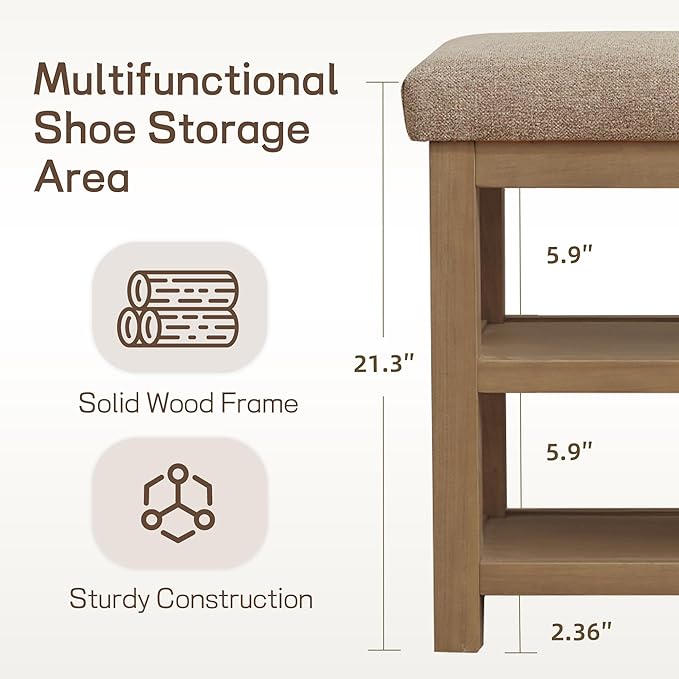 Zihanhome 2 Tier Shoe Rack Bench with Cushion, Solid Wood Shoe Benches, Mid-Century Modern Shoe Storage Bench for Entryway, Hallway, Living Room, Closet, Front Door Entrance, (Brown, 31.5")