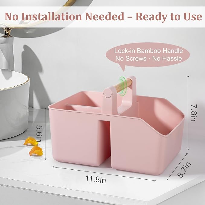 rejomiik Portable Shower Caddy Basket with Bamboo Handle, Plastic Cleaning Caddy Bathroom Organizer Tote for College Dorm Essentials, Bath Toy Storage, Pink