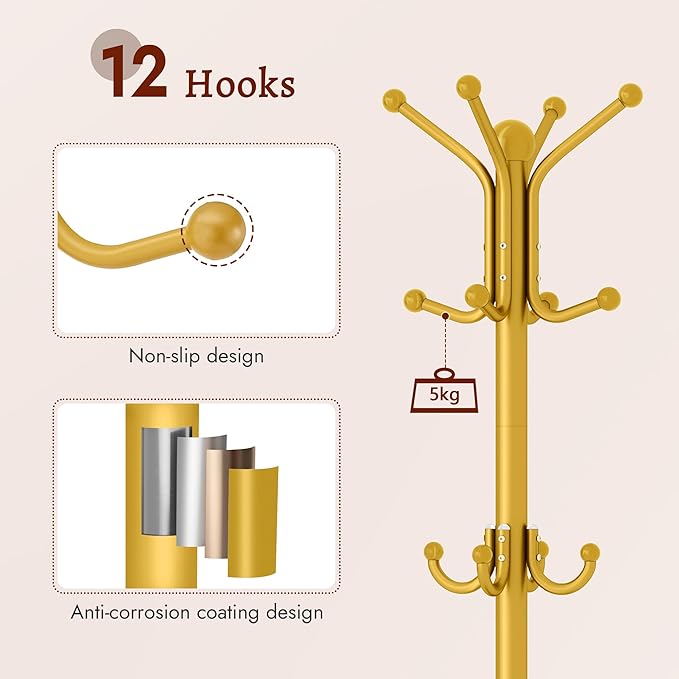 FAVOOSTY Coat Rack Freestanding,Coat Rack Stand with Umbrella Holder,Metal Coat Tree with 12 Hooks,Tree Clothes Hat for Entryway, Hallway, Bedroom, Living Room & Office -Glod