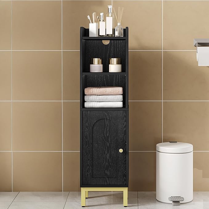 Hzuaneri Bathroom Storage Cabinet, Small Corner Floor Cabinet with Door and Shelves, Narrow Toilet Paper Holder, Bathroom Organizer with Adjustable Shelf, for Small Spaces, Black BC38204GV1