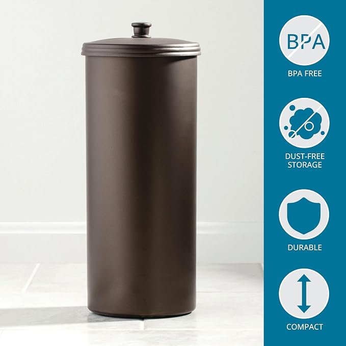 iDesign Freestanding Bathroom Toilet Paper Storage Holder with Lid for 3 Extra Rolls, Bronze