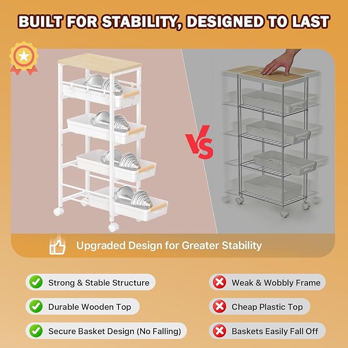SUNALLY Slim Storage Cart with Pull-Out Baskets, 5-Tier Rolling Kitchen Cart with Wooden Top & Lockable Wheels, Narrow Space Utility Cart Organizer for Kitchen, Bathroom, Laundry Room, White
