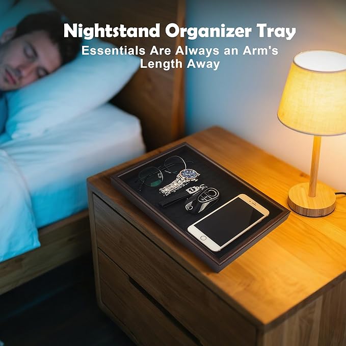Wooden Valet Tray with Leather Base - Nightstand Catchall Organizer for Cologne, Perfume, Keys, Wallet, Phone, Watch, Jewelry & Sunglasses (2Pcs Black)