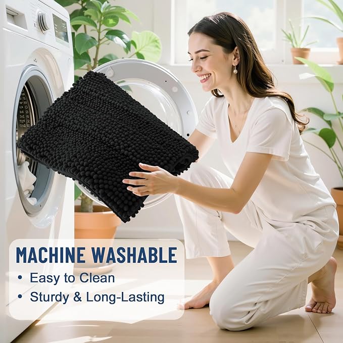 Grandaily Chenille Striped Bathroom Rugs 59x24, Extra Thick and Soft Absorbent Bath Mats, Rubber Backing, Plush Shaggy Shower Carpet, Machine Wash Dry, Bath Rug for Bathroom, Deep Black
