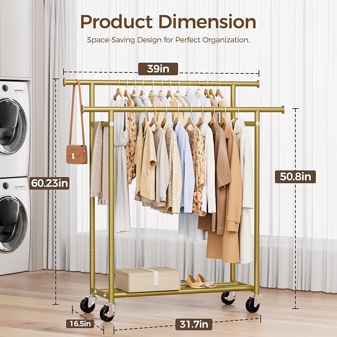 HYSEYY Clothes Rack, Double Rods Rolling Clothing Rack for Hanging Clothes, Portable Garment Rack with Wheels, Coat Rack Wardrobe Closet Load 240 LBS for Bedroom Laundry Room (Glod, L)