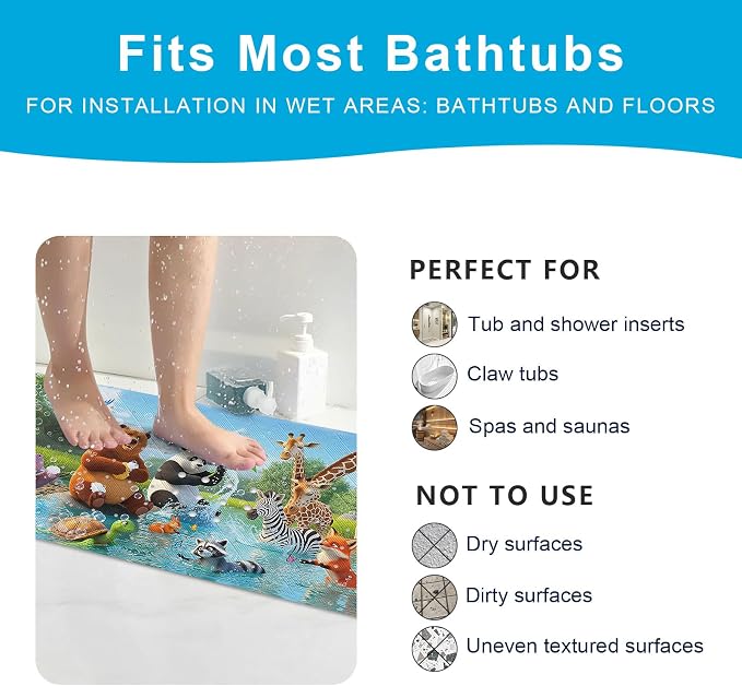XIYUNTE Baby Bath Mat for Tub Non Slip Kids, BPA Free Extra Long Bathtub Mat 40x16 with Drain Holes and 200 Suction Cups, Non Toxic Machine Washable Toddler Bath Mat, Eco-Friendly Certified