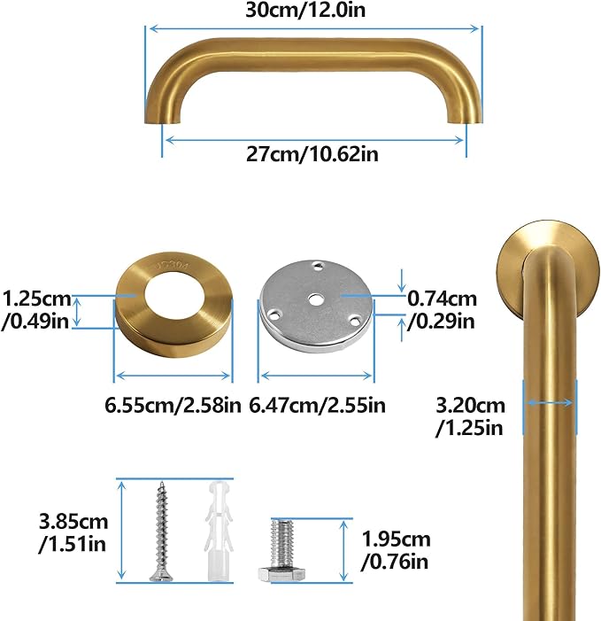 Shower Grab Bar, 2 Pack 12 Inch Gold Bathroom Safety Bar, 1.25" Diameter 304 Stainless Steel Grab Bars for Bathtubs and Showers, Handicap Shower Grab Bar for Seniors Elderly