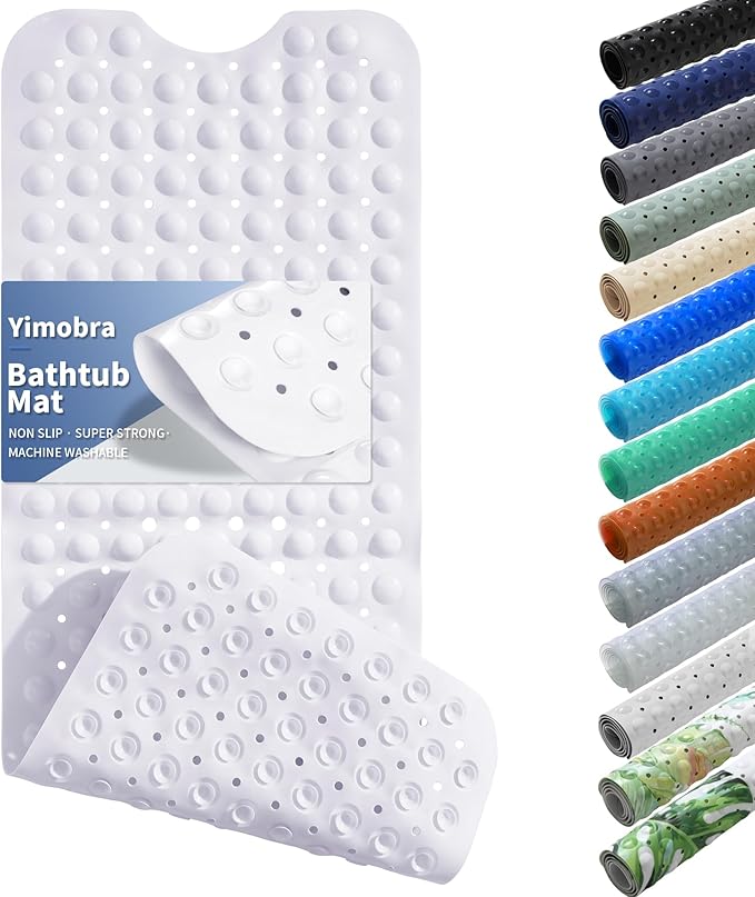 Yimobra Non Slip Bathtub Mat 40 x 16 Inch, Extra Long Shower Mat with Drain Holes, Machine Washable Baby Bath Mats, Strong Suction Cups for Bathroom Floor, Snow