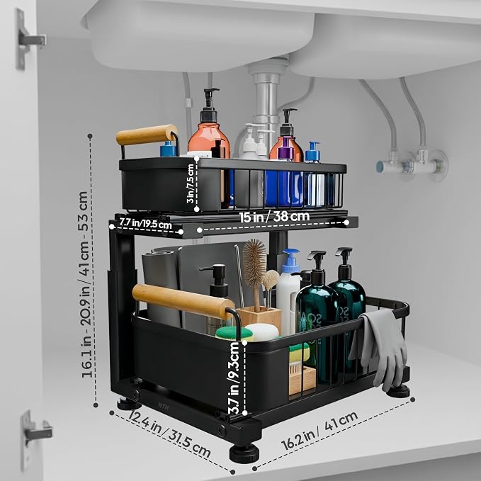 Premium Heavy Duty Carbon Steel Under Sink Organizer, Large 2 Tier Pull Out Cabinet Organizer, 7 Adjustable Heights with Smooth Ball Bearing Sliding Baskets for Bathroom & Kitchen