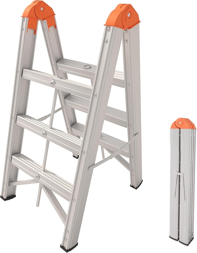Aparecium Aluminum Foldable Twin Front Collapsible A Frame 3-Step Ladder, Compact Step Stool with Wide Anti-Slip Pedal, EN131, 330lb Capacity