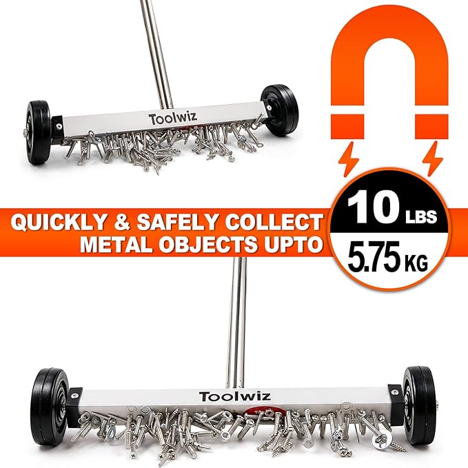 Toolwiz Magnetic Pick Up Sweeper 15-inch Heavy Duty Magnet Pickup Lawn Sweeper Roofing Tools, 10 Lbs Yard Tools Smooth Wheels to Clean Nails Adjustable Handle for Construction