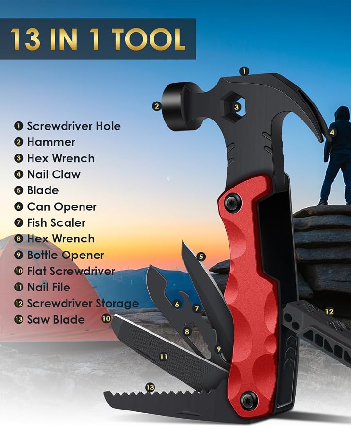 Stocking Stuffers for Men Dad Gifts, Multitool Camping Accessories 13-in-1 Survival Multi Tools Hammer, Christmas Cool Gadgets for Adults Him Boyfriend Husband Grandpa Women Birthday Valentines