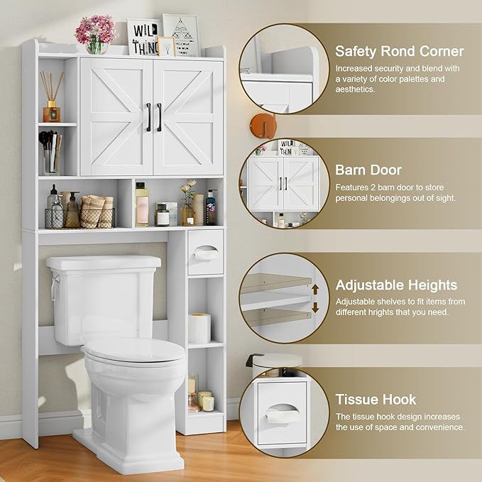 Vabches Over The Toilet Storage Cabinet, Farmhouse Storage Cabinet Over Toilet with 2 Barn Door & Toilet Paper Holder Stand，Home Space-Saving Toilet Rack, for Bathroom, Restroom, Laundry