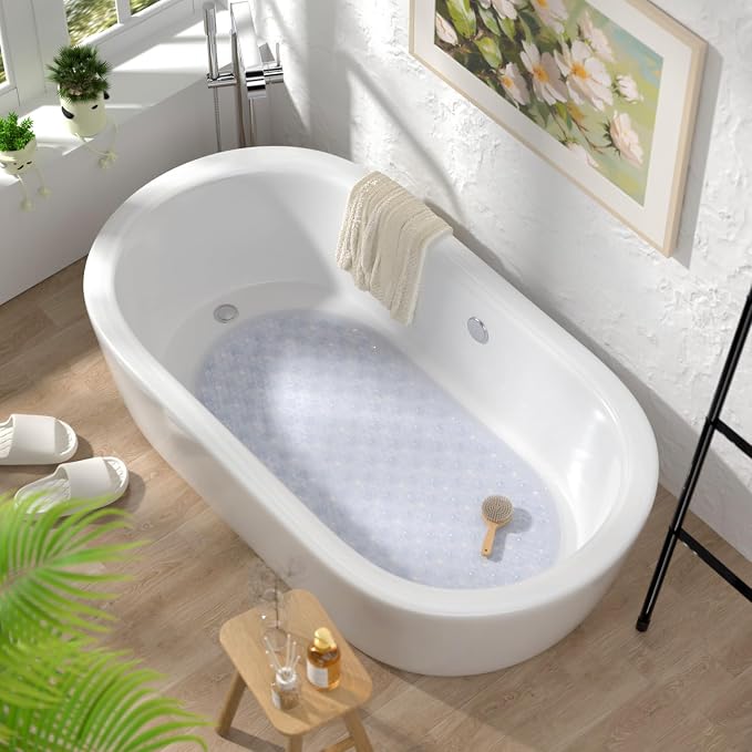 HITSLAM Bathtub Mat Non Slip, 27x15 Inch Bubble Oval Bath Tub Mat for Bathroom, Machine Washable Shower Mat with Suction Cups and Drain Holes, Clear 2 Pack