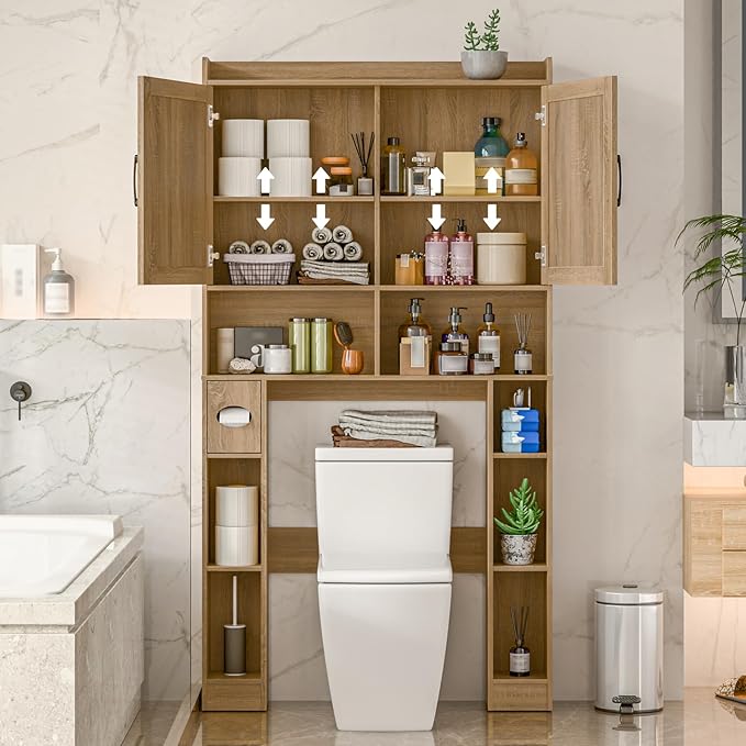 Over The Toilet Storage Cabinet, Farmhouse Toilet Cabinet Rack with Barn Doors, Space Saving Bathroom Organizer with Shelves,Toilet Paper Holder and Towel Rack for Bathroom,Restroom,Laundry,Rattan Oak