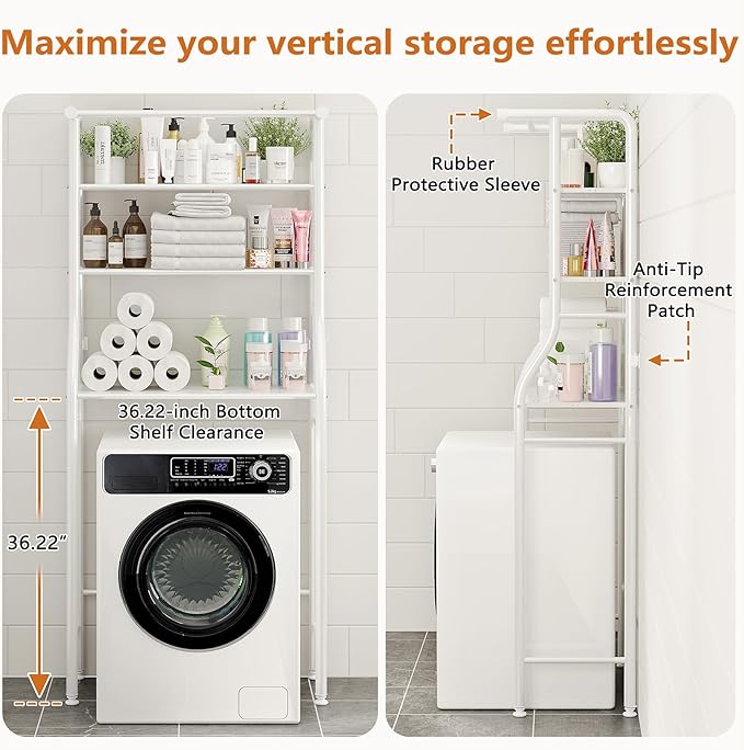 UDEAR 3-Tier Over The Toilet Rack,Bathroom Shelf Space Saver,Corner Stand Storage Organizer Accessories,the Washing Machine,with Hanging Rod,Tower Shelf,White