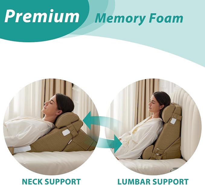 Bedluxe Adjustable 4pcs Bed Wedge Pillow Set, Memory Foam Wedges Pillow Post Surgery for Back, Neck, Leg Pain Relief, Pillows Wedge for Sleeping, Sitting up in Bed, Acid Reflux and GERD, Brown